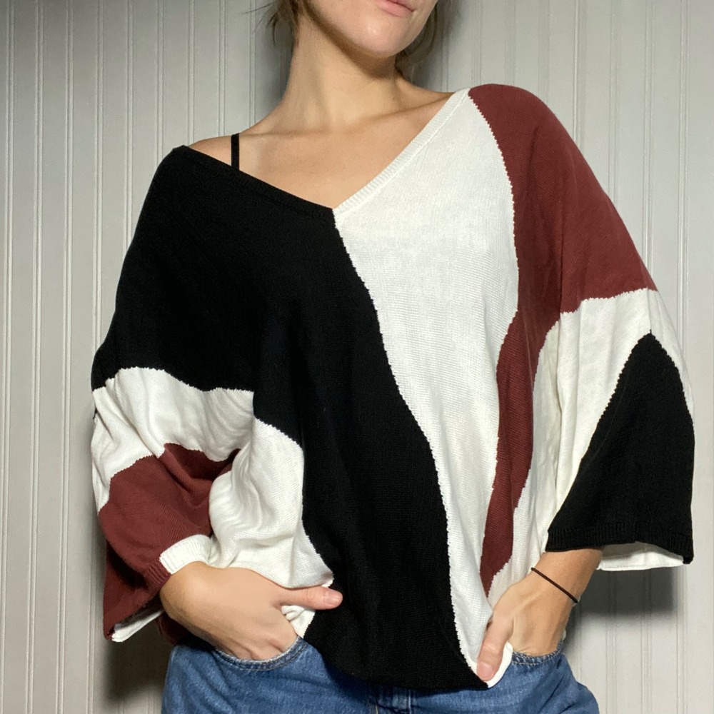 Chico's Chic Colorblock Knit Sweater Wide Sleeve Abstract Fall Preppy Chic - XXL
